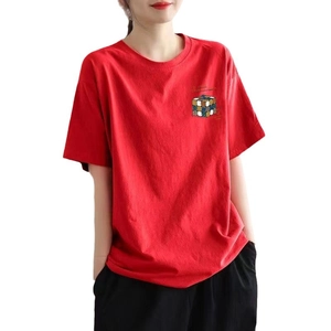 Women's red cotton T-shirt featuring a Rubik's Cube print and casual loose-fit design