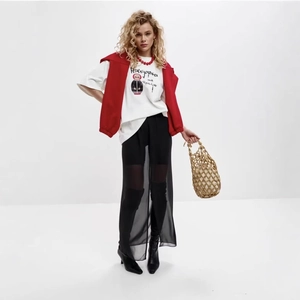 Oversize cotton white T-shirt with Matryoshka print and red jacket street style