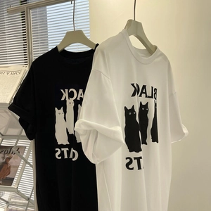 T-shirt Large en Coton pour Femmes Imprimé Chat Black Cats Graphique Lettre Col Rond Manches Courtes Top Streetwear Décontracté