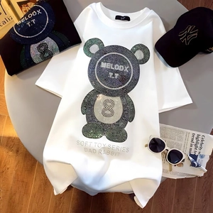 T-Shirt pour Femme en Coton avec Ours en Strass Manches Courtes Ample Décontracté Streetwear Graphic Tee