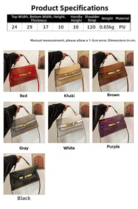 Dettaglio delle borse in pelle PU a stampa coccodrillo in sette colori con specifiche di taglia