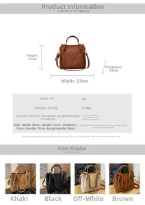 Detailed size chart for quilted bucket bag with dimensions 23x23x12cm in various colors