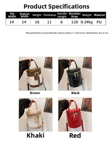 Size chart and color options for a stylish PU leather cylinder bucket bag with rivet detail