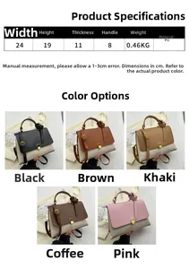 Size chart and color display for women's PU leather contrast shoulder bag in five colors