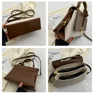 Multi-angle details of contrast color shoulder bag with metal lock and dual zippers