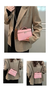 Detailed views of pink pebbled leather handbag with double zipper and gold chain strap
