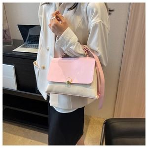 Detail of pink and beige shoulder bag featuring a stylish golden round metal buckle