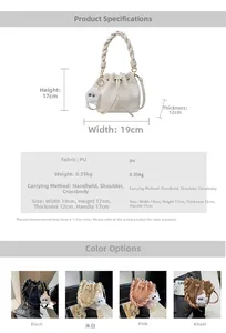 Detailed dimension guide for the PU leather bucket bag with woven handle and pompom charm