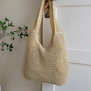 Grand Cabas en Paille Tissé pour Femmes Grande Capacité Plage Été Vacances Ajouré Crochet Sac à Épaule Main Décontracté
