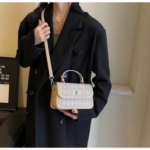 Detail of beige quilted crossbody bag with silver twist lock and luxury metal hardware