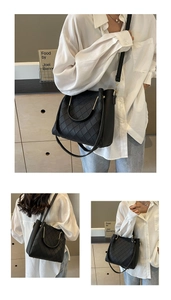 Three views of a black quilted bucket bag with gold hardware and removable strap