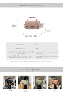 Detailed size specifications and color variants for the mini retro PU satchel handbag