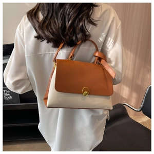 Detailed back view of a retro color-block handbag with brown flap and gold buckle
