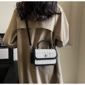 Model wearing a black and white quilted crossbody bag with silver clasp in a soft room