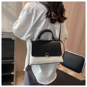Detail shot of a minimalist black and white contrast handbag with gold circular lock