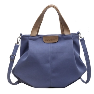Large capacity Morandi blue canvas tote bag with brown leather handles and shoulder strap