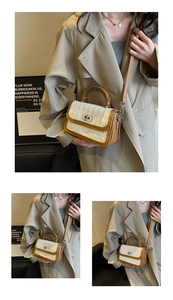 Close-up of contrast quilt pattern bag with metal twist lock and brown leather handle