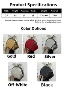 Size chart and dimensions for woven shell bag with metal chain strap and PU material details