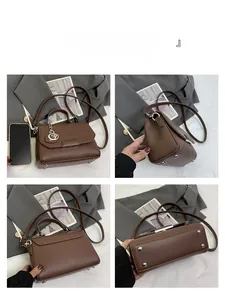 Detailed views of brown pebble leather handbag showing front, side, back and bottom with studs