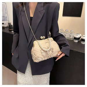 Detail of champagne lace embroidery evening bag with pearl handle and metal chain