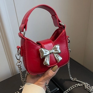 Women Mini Half Moon Crossbody Bag Silver Bowknot Decoration PU Leather Small Square Shoulder Chain Bag Fashion Cute Handbag