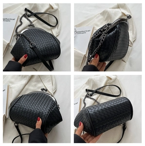 Detailed views of a black woven shell bag featuring a dark metal clasp and dual straps
