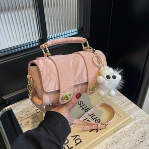 Women Stylish PU Leather Small Square Crossbody Bag Wrinkled Texture Handbag With Plush Monster Charm Metal Lock Shoulder Bag