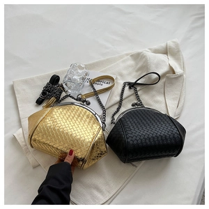 Women Vintage Woven Shell Bag Fashion PU Leather Kiss-Lock Clutch Bag With Metal Chain Strap Retro Evening Crossbody Bag