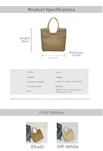 Graphique des dimensions, du poids de 0,24 kg et des couleurs du sac cabas tissé