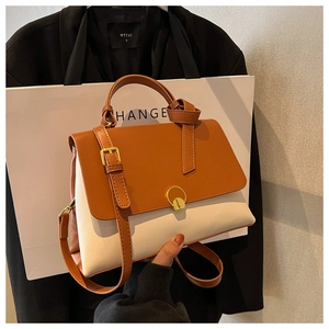 Retro Two Tone PU Leather Shoulder Bag For Women Fashion Contrast Color Handbag With Metal Ring Buckle Adjustable Strap