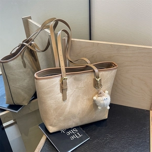 Women Retro PU Leather Large Capacity Tote Bag Marble Texture Commuter Underarm Shoulder Bag With Plush Charm Fashion Handbag
