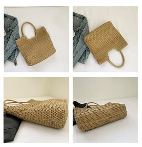 Vues détaillées d'un sac cabas en paille tressée avec gros plans sur la structure