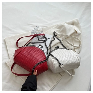 Chic woven shell bag with metal chain strap in red and beige minimalist style