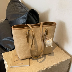 Vintage khaki suede tote bag with large capacity and cute plush doll pendant accessory