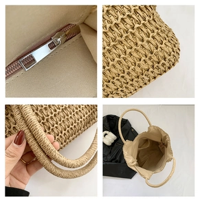 Collage de détails du sac en paille tissée avec poche intérieure et texture dense