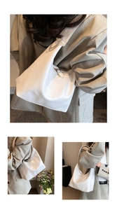 Three perspectives of a white PU leather hobo shoulder bag styled with a grey blazer