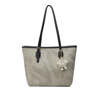 Vintage textured large capacity tote bag in grey-green with plush charm and black straps