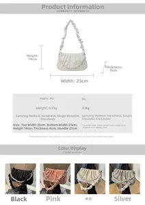 Tableau des tailles d'un sac nuage plissé avec chaîne perlée et détails des dimensions