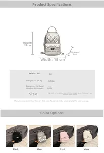 Quilted mini backpack size chart and technical specifications for PU leather travel bag