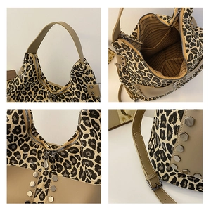 Detailed views of leopard print tote bag with inner pockets and metal rivet accents