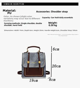 Detailed size specifications for women's PU leather and denim patchwork backpack with dimensions