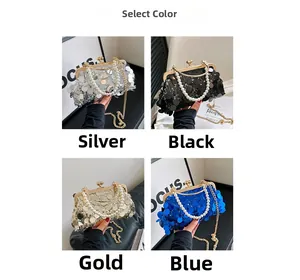 Detailansicht der Pailletten-Abendtaschen in Silber, Schwarz, Gold, Blau mit Perlengriffen