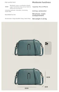 Blue leather crossbody bag dimensions 19x13x6cm shown with size comparison chart