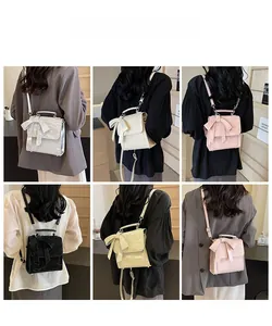 Rear view of multiple colorful mini backpacks with bow decoration on female models