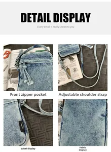 Dettagli della borsa porta cellulare in denim blu con tracolla regolabile e tasca anteriore