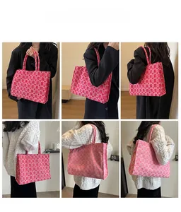 Detailed views of red canvas tote bag with traditional囍 motifs for various outfit styles