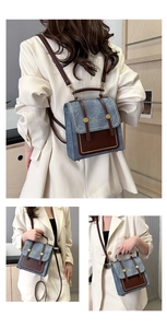 Detailed views of vintage denim blue mini backpack showing handbag and shoulder strap modes