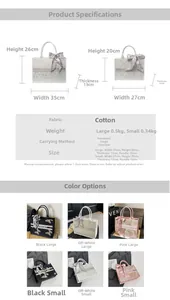 Size chart for large and small embroidered canvas tote bags with dimensions and weights