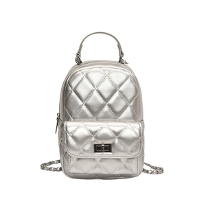 Chic silver metallic quilted mini backpack with chain straps and twist lock closure