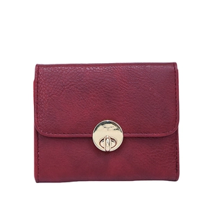 Women's burgundy red pebble leather short wallet with a stylish gold circular twist lock